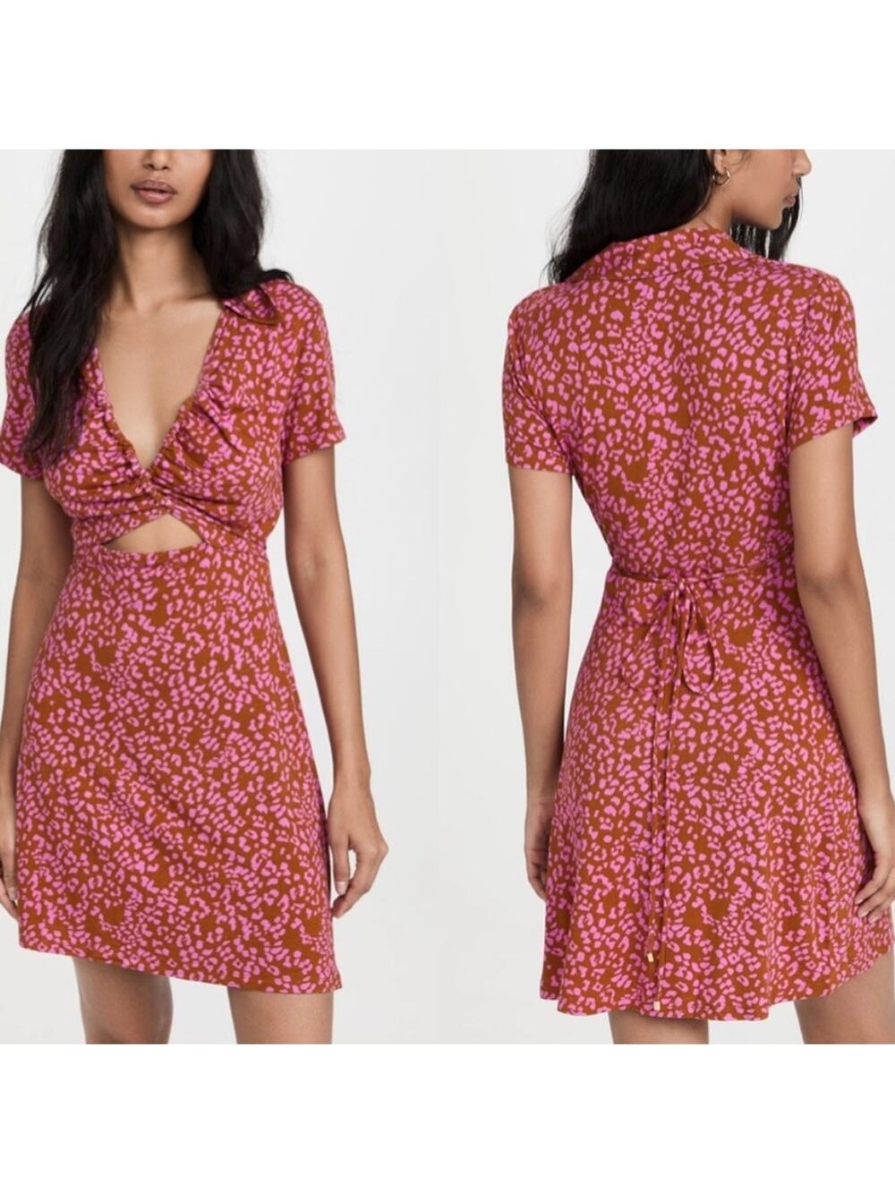 Free People Marsaille Mini Dress Rust Combo Leopard Print Cutout - S NWT